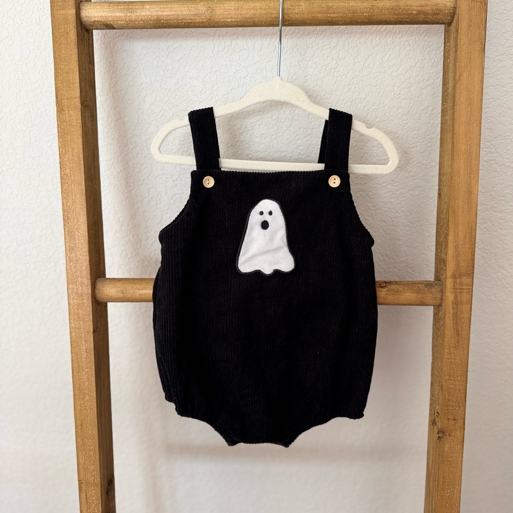 Black Corduroy Baby Romper with Ghost Patch
